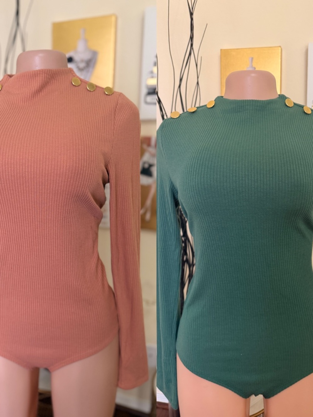Ribbed Button-Shoulder Bodysuit - Pink & Green